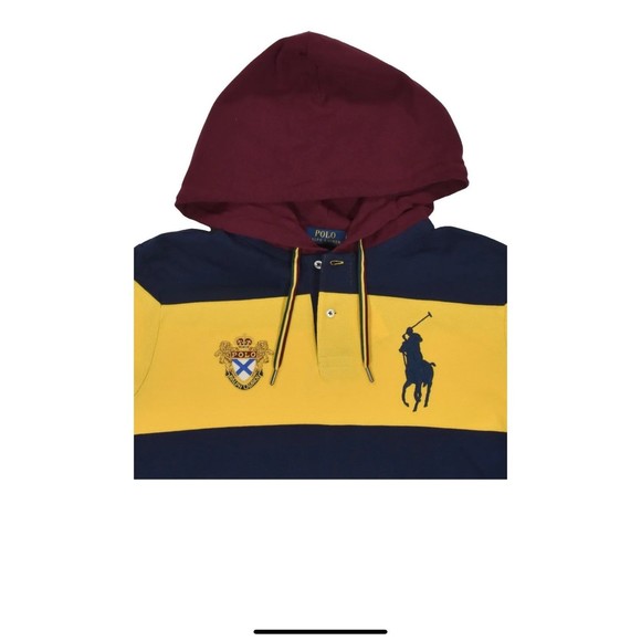Polo Ralph Lauren Navy Striped Big Pony Crest Mesh Hoodie Rugby Size XL Shirt - Picture 2 of 5